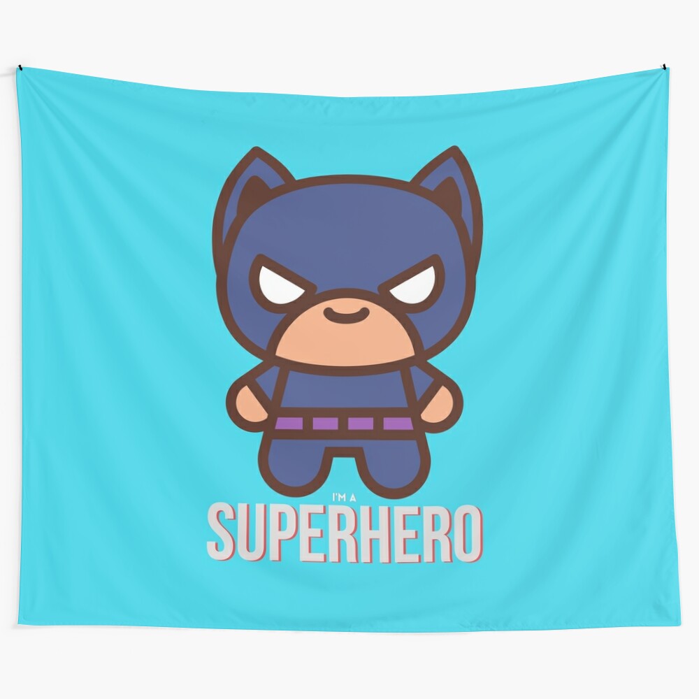 A vibrant superhero-themed tapestry featuring bold graphics and inspiring imagery