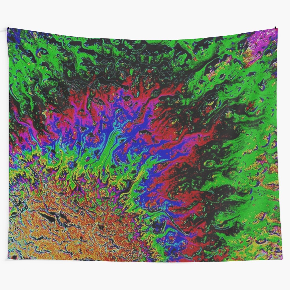 Psychedelic acid spill tapestry with vibrant, mind-bending colors and abstract patterns