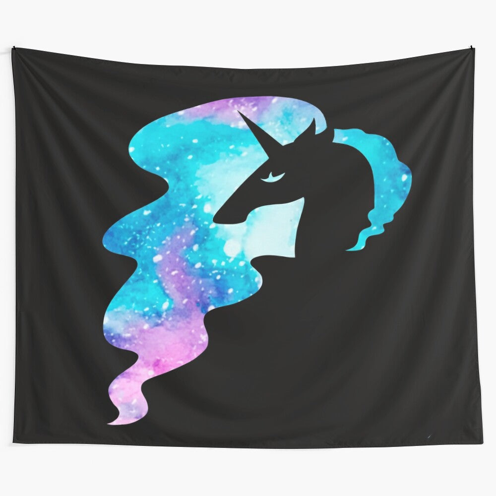 Elegant galaxy unicorn tapestry with a rearing unicorn silhouette against a starry night sky