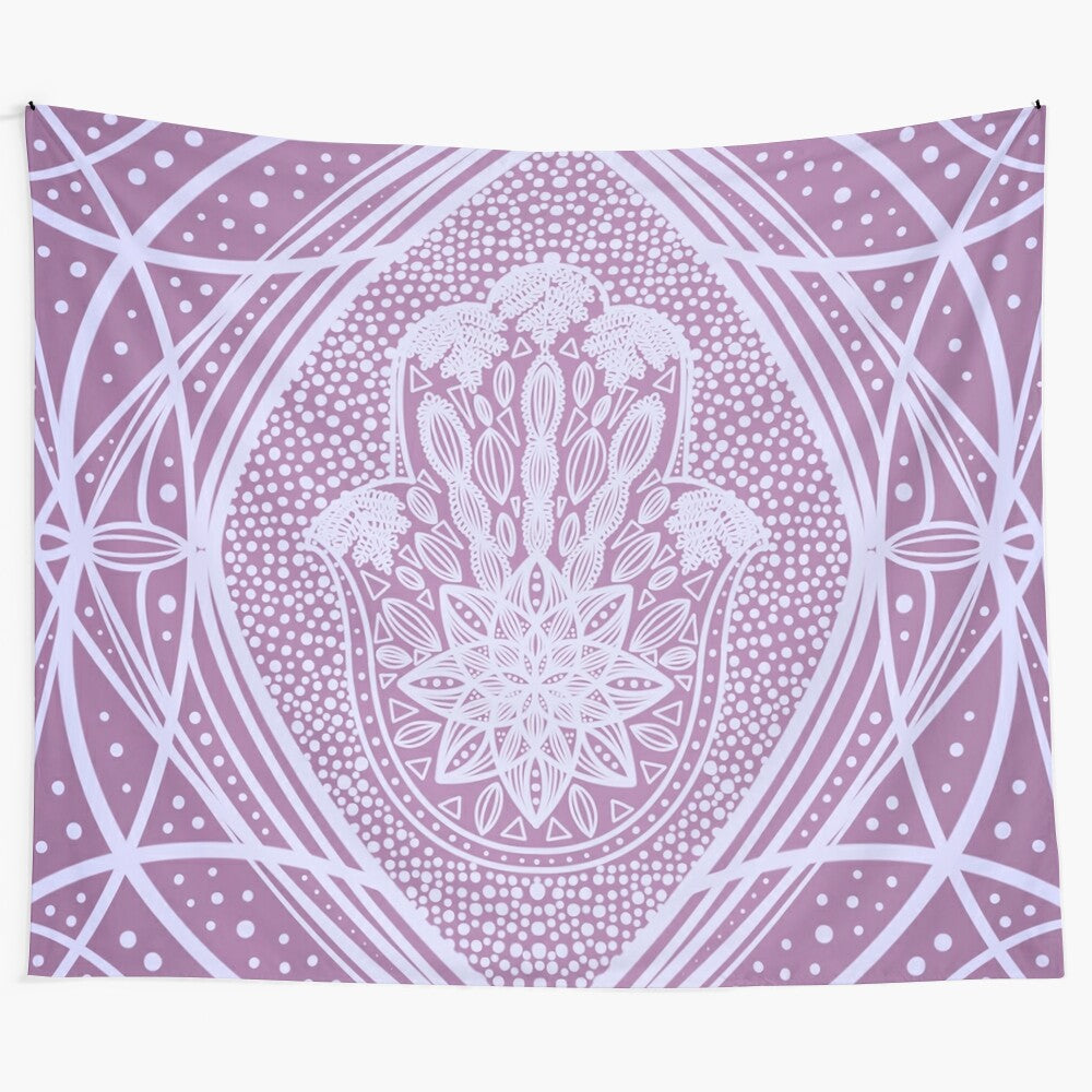 Antique lavender hamsa tapestry with floral and fern accents