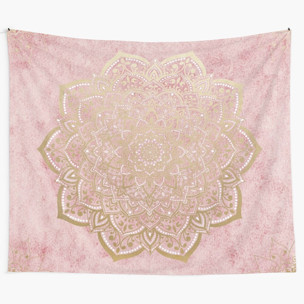 Vibrant pink and gold mandala tapestry wall hanging