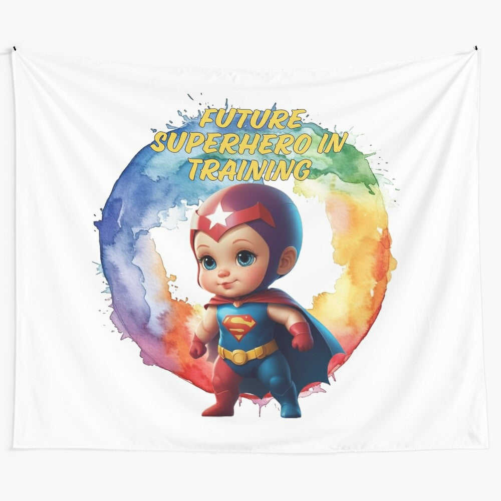 Superhero in Training inspirational tapestry featuring a child in a superhero costume