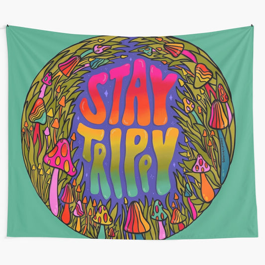 Trippy psychedelic tapestry with colorful mushrooms, plants, and rainbow design