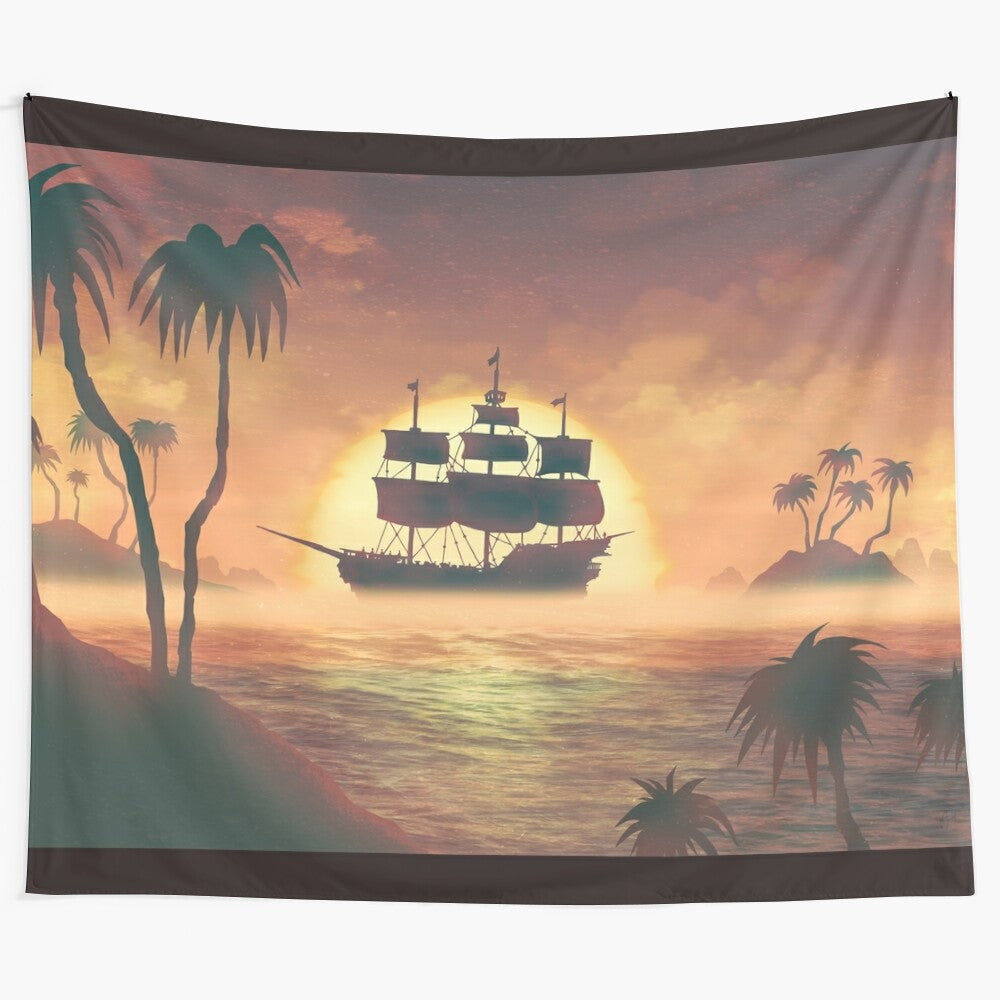 Adventure Tapestry featuring a pirate ship sailing at sunset