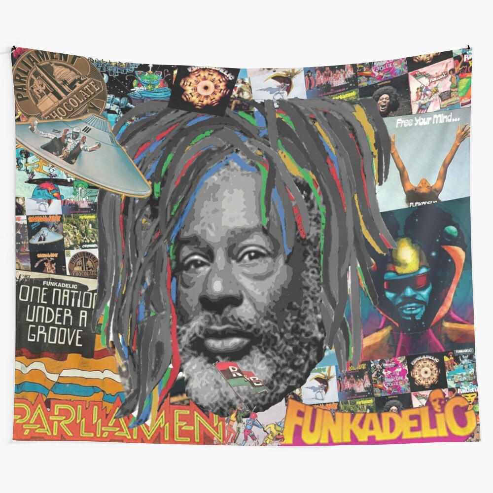 Colorful tapestry featuring the iconic image of George Clinton, the influential figure in funk music