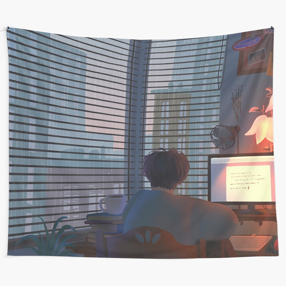 Abstract tapestry with a peaceful cityscape in the morning or evening