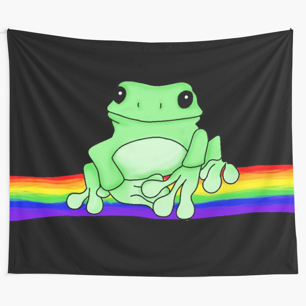 Colorful tapestry depicting a green frog with a rainbow design against a nature backdrop