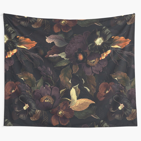 Mystical botanical night garden tapestry featuring a floral and gothic-inspired design