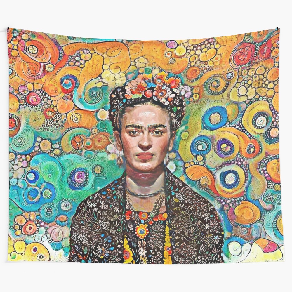 Colorful and vibrant Frida Kahlo inspired tapestry with floral and surreal elements