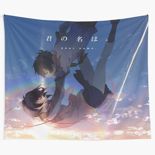 Kimi no na wa inspired anime tapestry featuring characters Taki and Mitsuha with balcony and stars