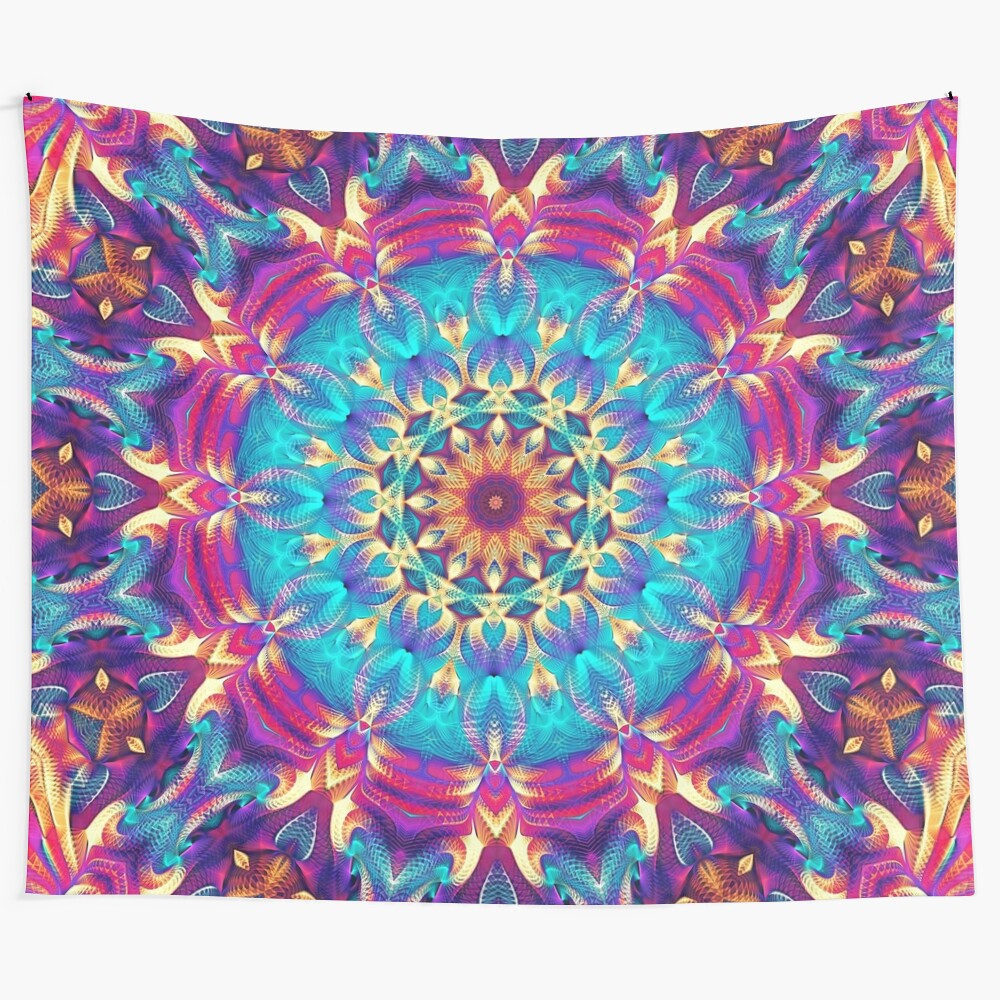 Flower of Life Mandala Tapestry featuring sacred geometry and cosmic elements