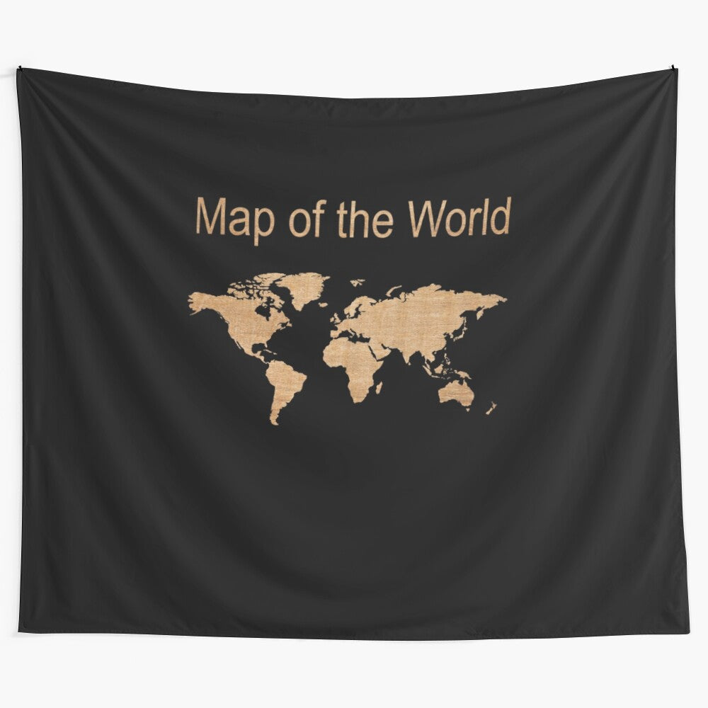 Wooden world map tapestry featuring a detailed map of the globe