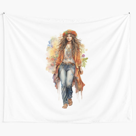 Colorful floral tapestry depicting a cute hippie girl in a 1960s style