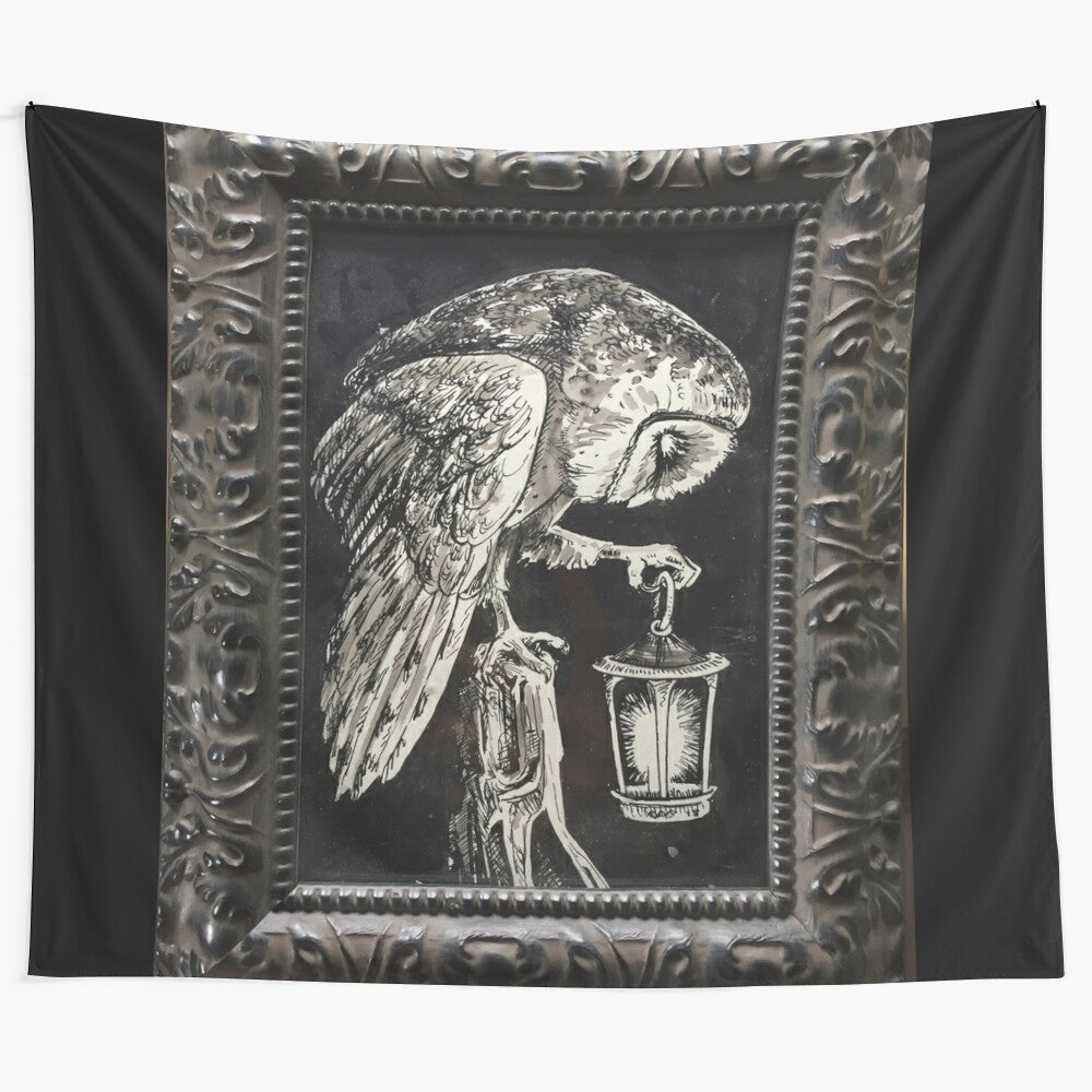 Tapestry featuring the Hermit tarot card with a lantern, owl, and spooky, witchy elements