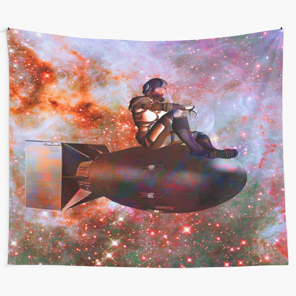 Vibrant "Nemesis" tapestry featuring psychedelic sci-fi inspired patterns and abstract nature designs