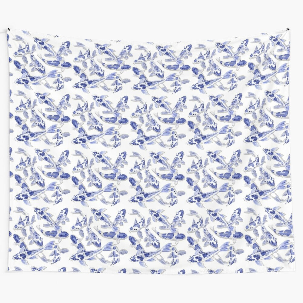 Beautiful blue and white koi fish tapestry for Asian-inspired home decor