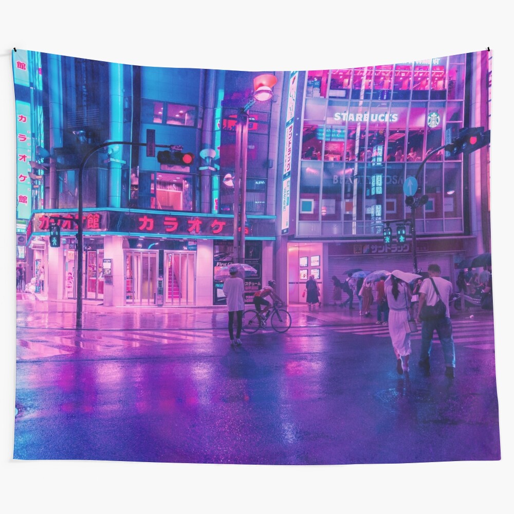 Neon Nostalgia Tapestry featuring a futuristic, cyberpunk-inspired scene of Tokyo's vibrant city streets