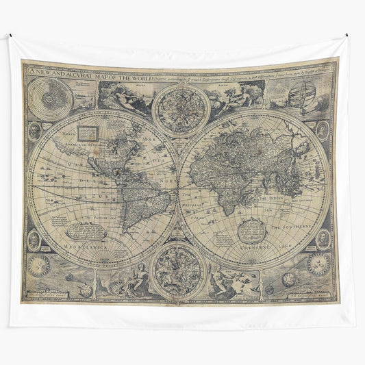 Vintage old world map tapestry featuring a historical cartographic design