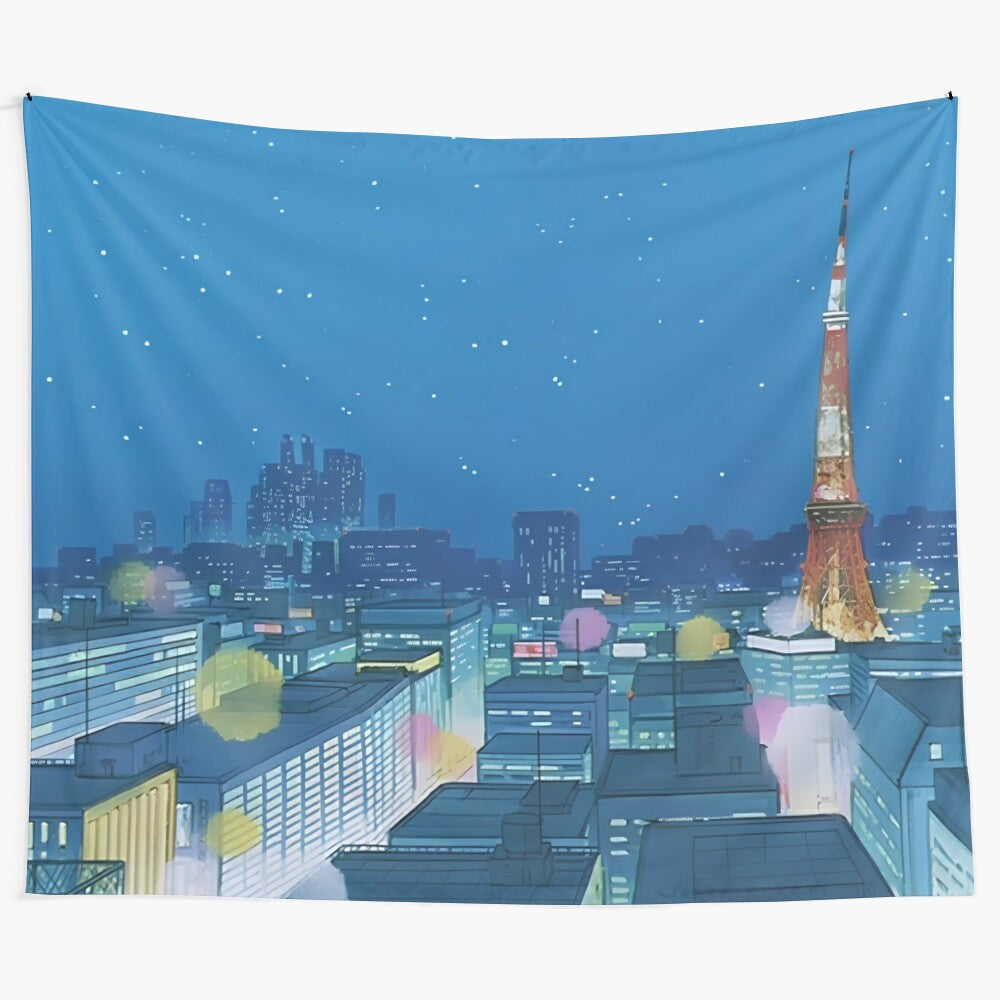 Urban retro anime skyline tapestry wall hanging with cityscape and 90s anime elements