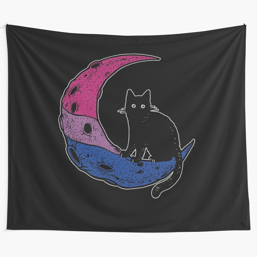 Bisexual Moon Cat Tapestry, Showcasing a Celestial Feline in a Galactic Setting