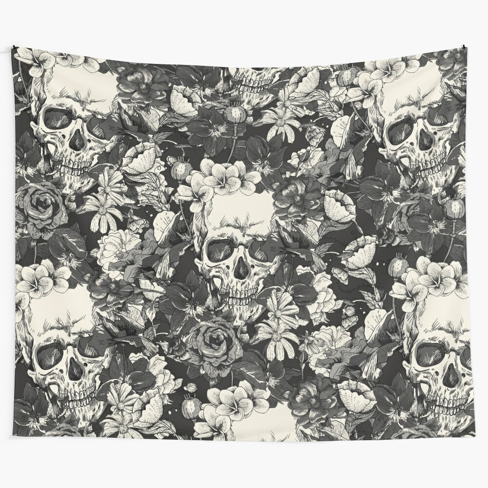 Spooky skulls tapestry with gothic, floral pattern