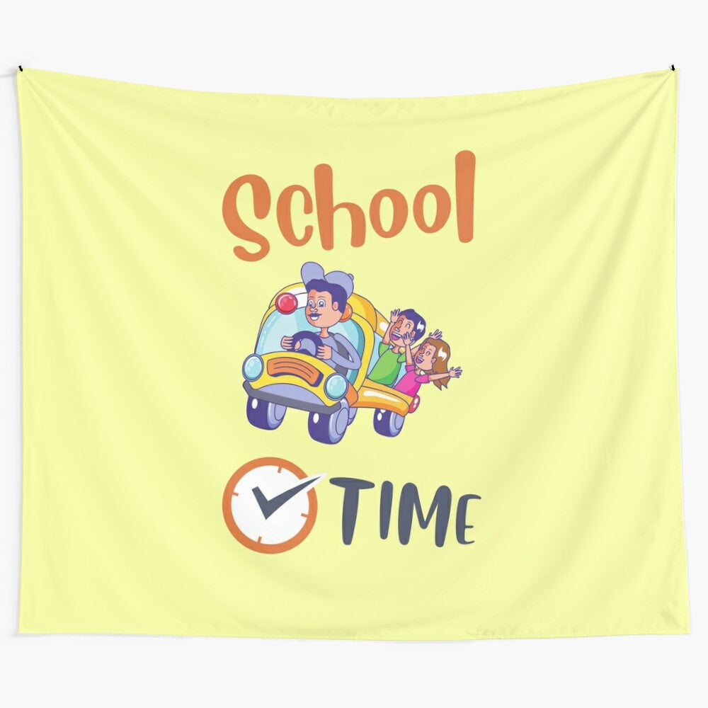 Colorful school bus tapestry featuring students and teachers in a classroom setting