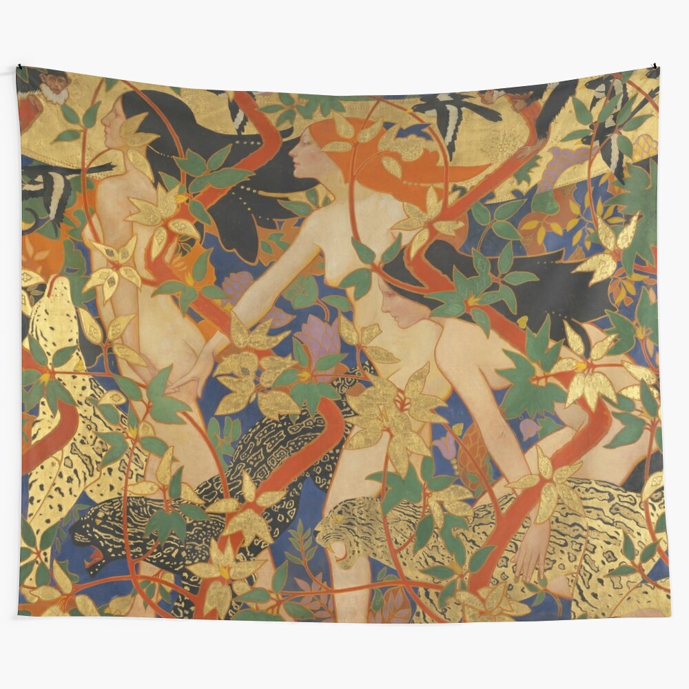 Tapestry depicting the mythical goddess Diana and her nymphs in a mystical forest setting