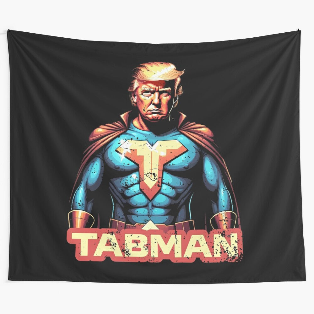 Trump 2024 superhero design on a patriotic American flag tapestry