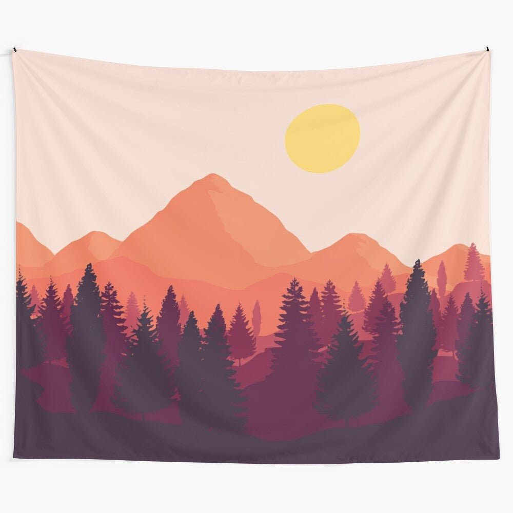 Forest mountain horizon tapestry featuring a serene landscape with mountains and a warm sunset