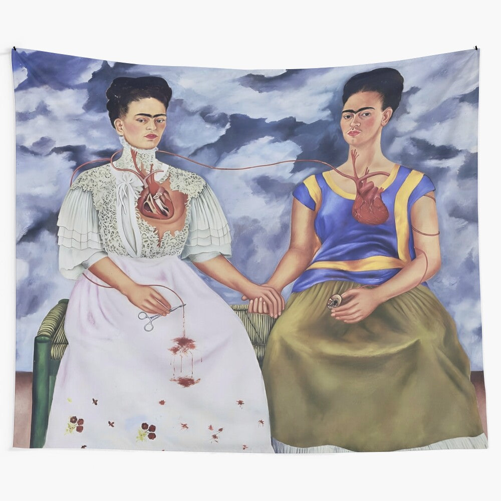 Colorful tapestry featuring the iconic self-portrait painting "The Two Fridas" by renowned Mexican artist Frida Kahlo