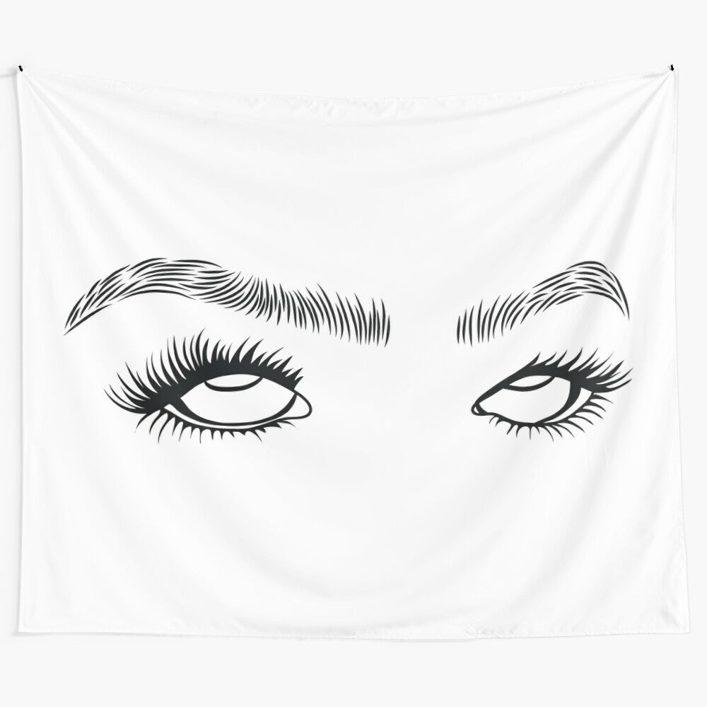 Minimalistic eye roll design on a colorful, trendy tapestry