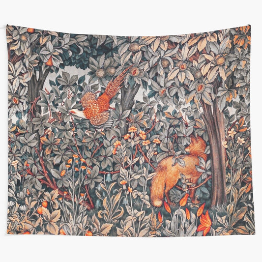 Colorful tapestry featuring a vibrant woodland scene with pheasant, fox, and floral elements