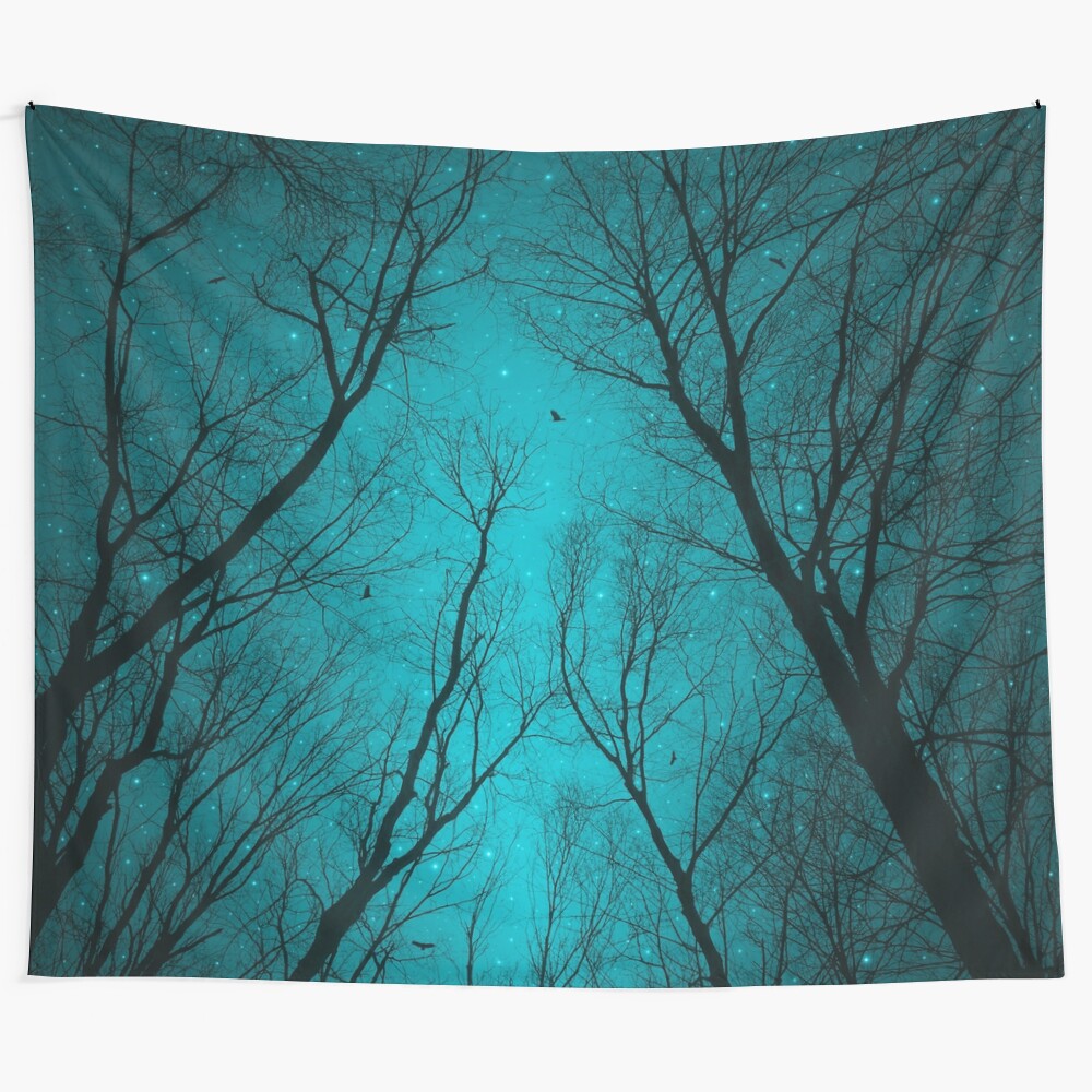 Ethereal night sky tapestry featuring an abstract tree silhouette design