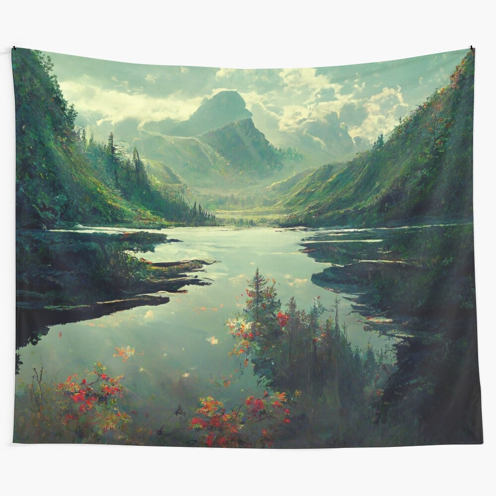 Nature tapestry featuring a tranquil forest landscape with mountains