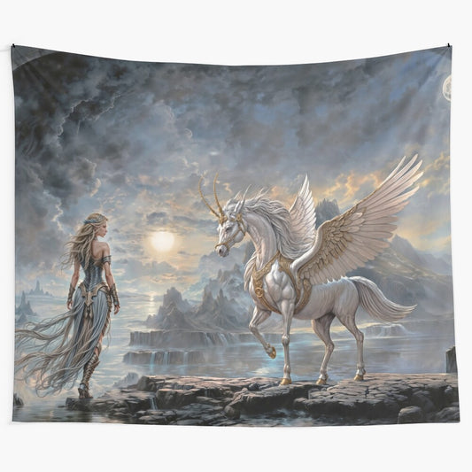 Elf and unicorn tapestry featuring a dreamy, mystical scene with mythical creatures in a celestial, enchanted setting