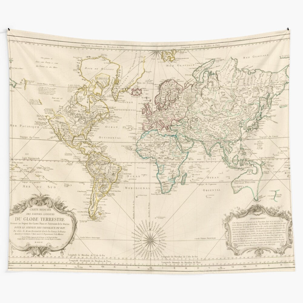 Vintage-inspired world map tapestry showcasing historical cartography