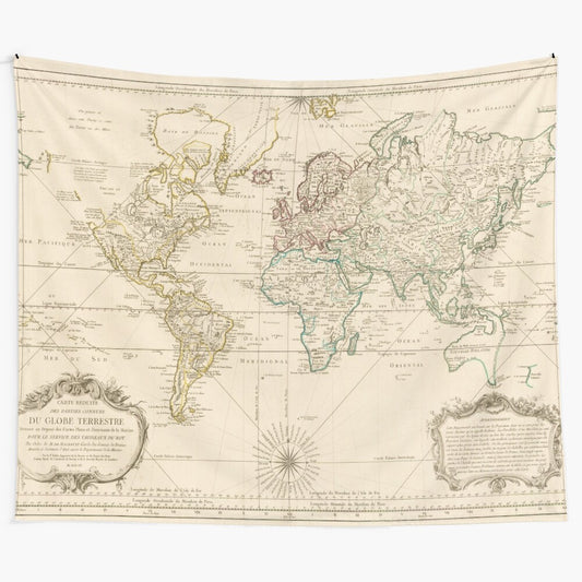 Vintage-inspired world map tapestry showcasing historical cartography