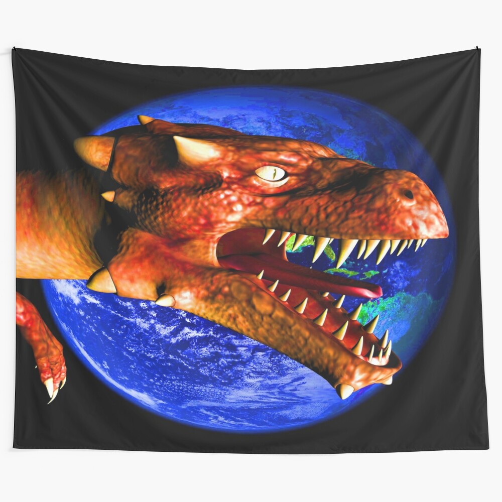 Vibrant dragon tapestry with abstract nature and cultural design elements