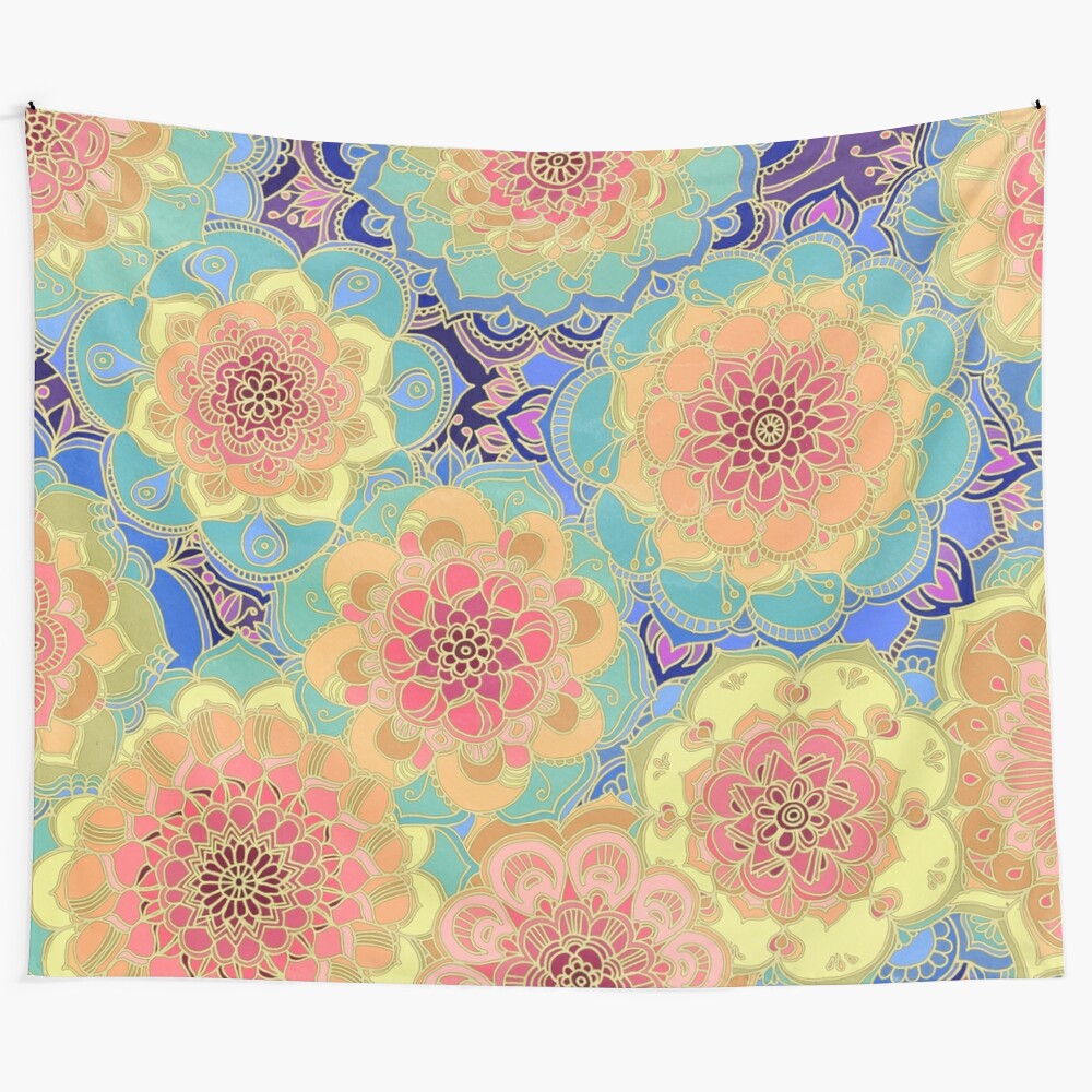 Vibrant colorful mandala tapestry with boho, bohemian, and psychedelic design