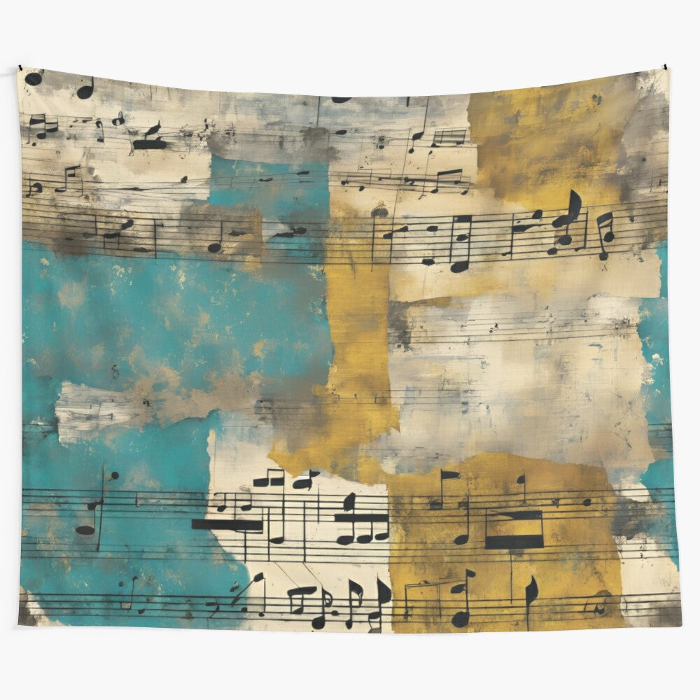 Grungy music sheets tapestry wall art with teal and mustard colors