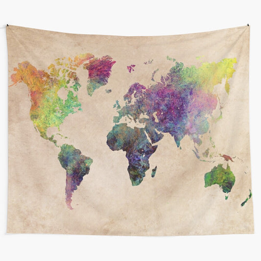 Watercolor world map art with typographic elements