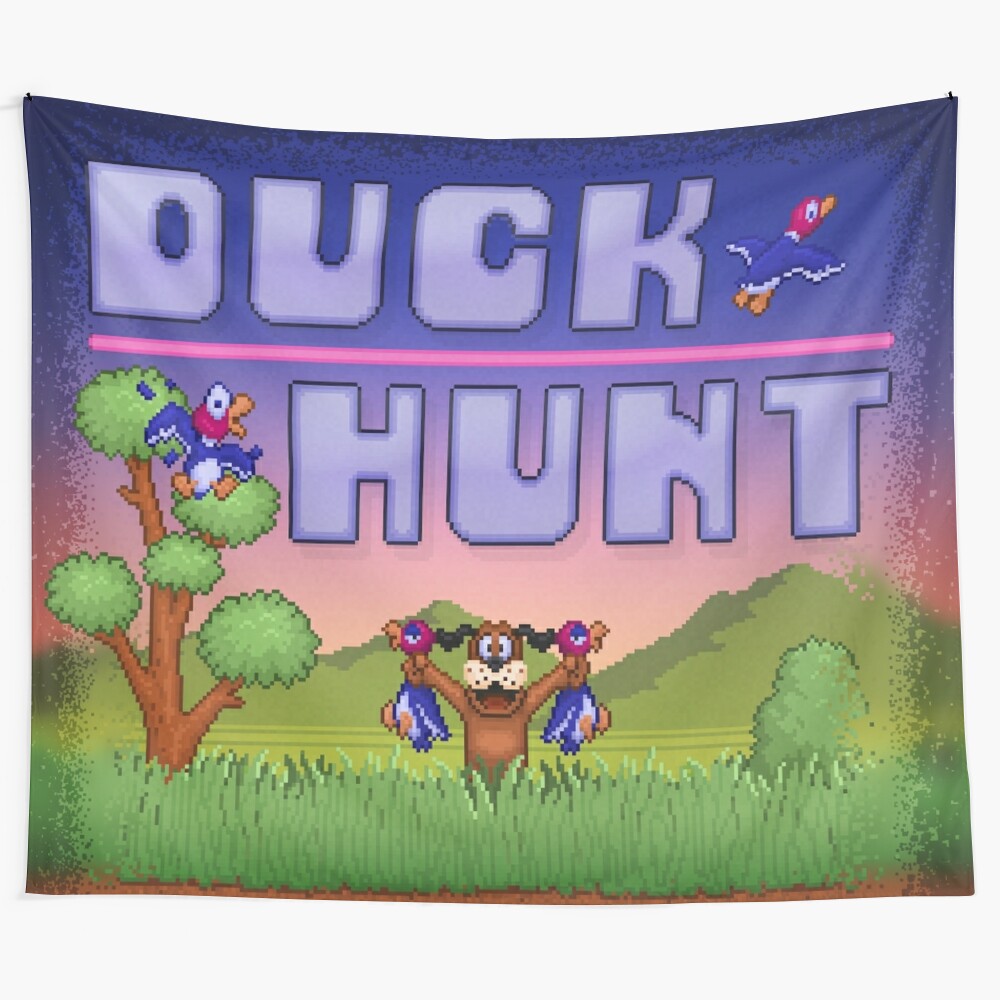 Retro duck hunting tapestry featuring 8-bit pixel art