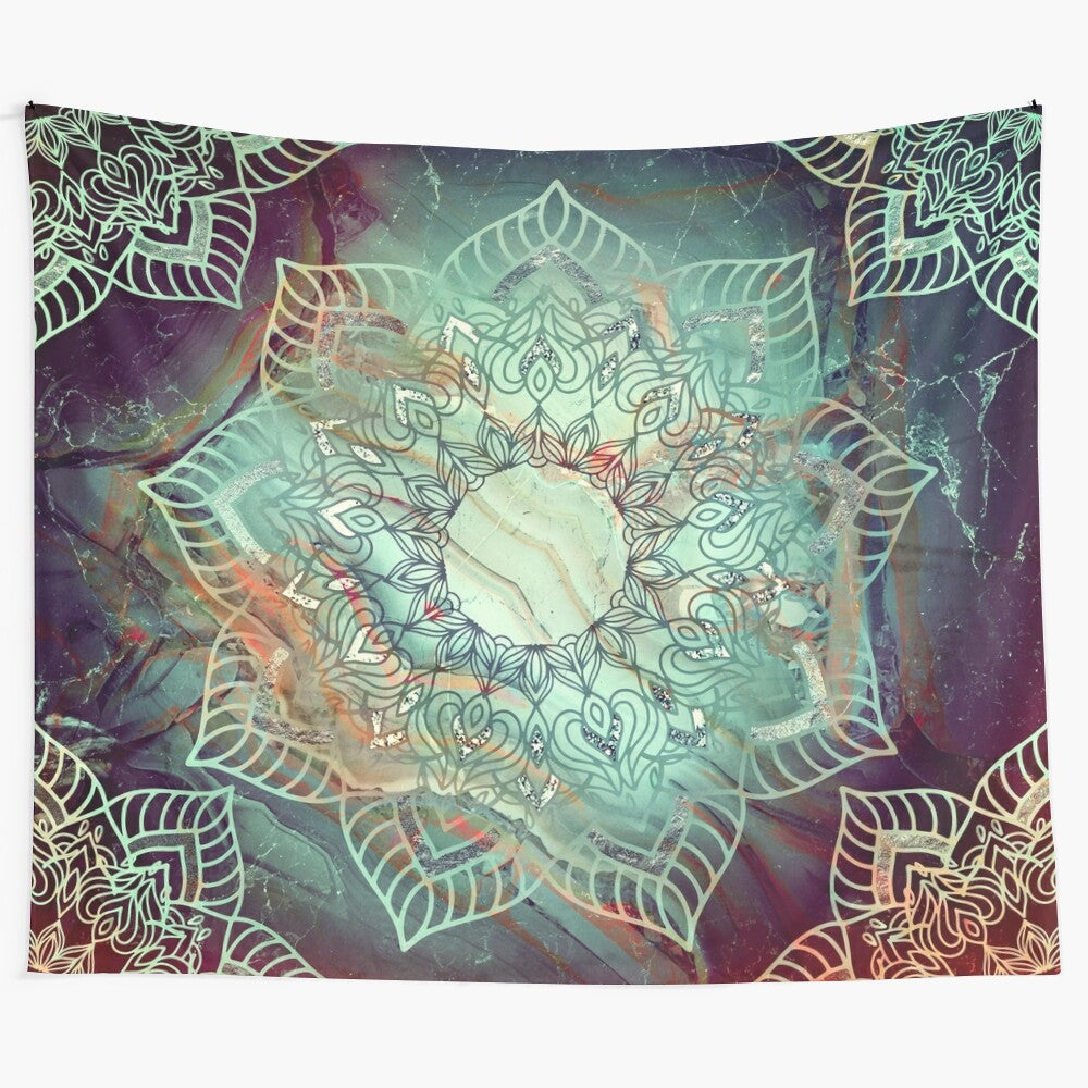 Vibrant mandala tapestry with teal, turquoise, and red colors