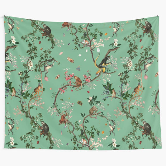 Lush, botanical tapestry featuring a variety of playful monkeys in a tropical jungle setting