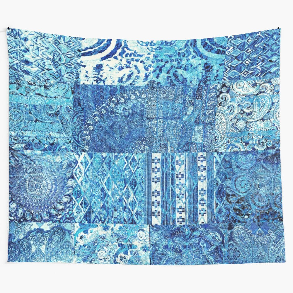 Bohemian ocean tapestry with waves, beach, and blue sky