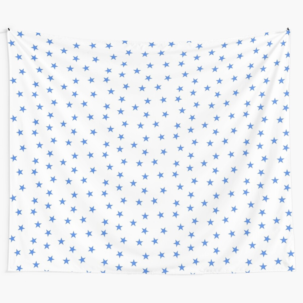 Blue stars tapestry with white and pastel blue stars on a dark blue background