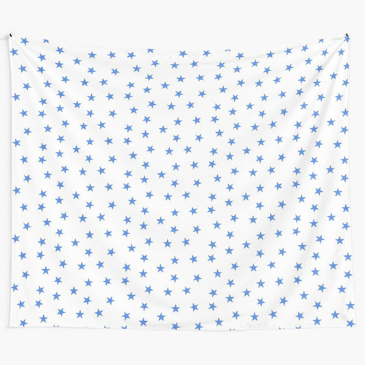 Blue stars tapestry with white and pastel blue stars on a dark blue background