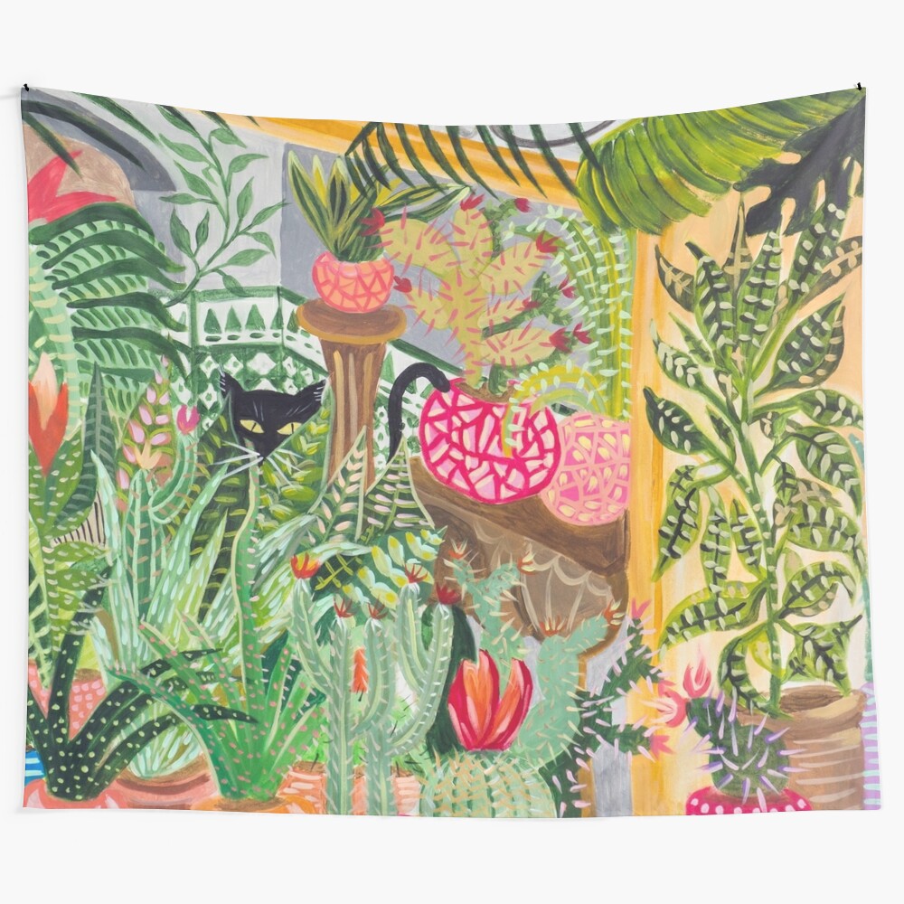 Stunning black cat tapestry featuring a botanical garden scene