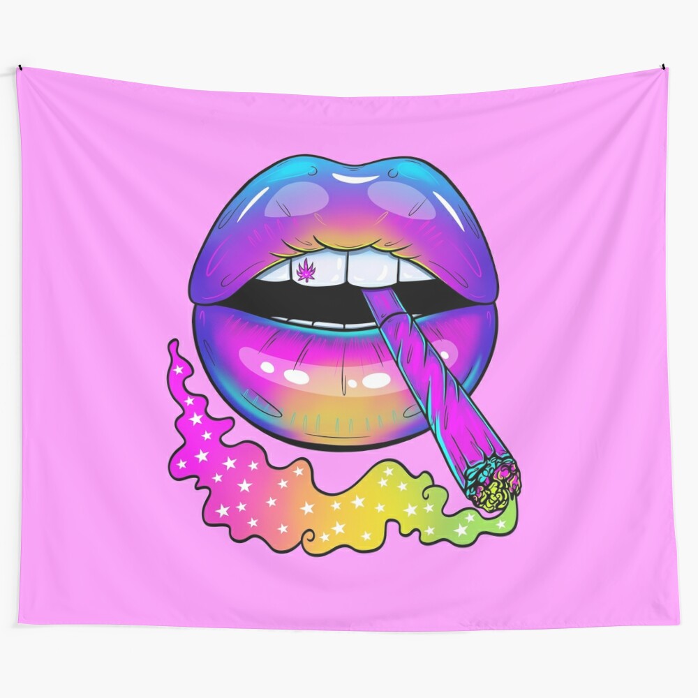 Psychedelic tapestry featuring colorful, trippy stoner lips and smoking designs