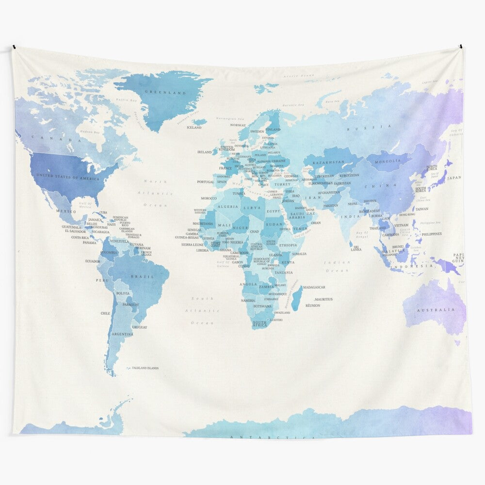 Watercolor-style world map tapestry featuring countries and continents